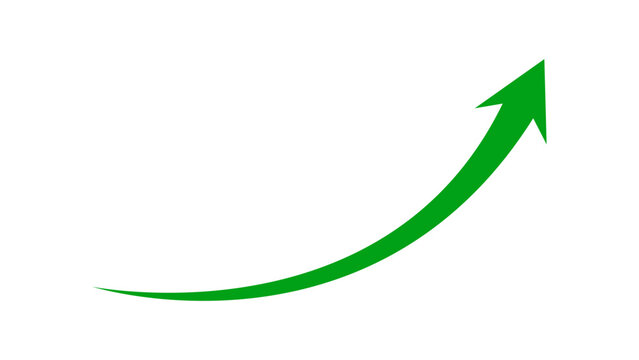 Long curved green arrow moving up concept of stock market business growth, increasing financial profit, business grow up trend sign. Business growth upward rising arrow. Vector illustration.