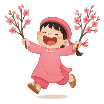 Happy Girl Running with Peach Blossom Branches Tet