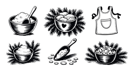 Collection of baking icons featuring bowls of ingredients, cookies, and an apron, perfect for culinary websites, recipe cards, or food blog graphics