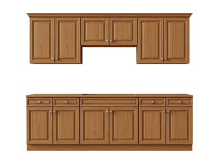 Classic wooden upper and lower kitchen cabinets isolated