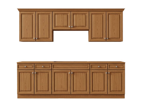 Classic wooden upper and lower kitchen cabinets isolated