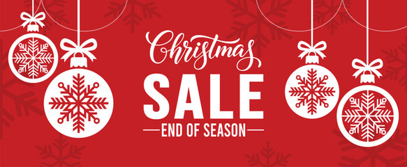 Red Christmas sale banner with white snowflake ornaments and bold typography on a festive background, featuring “Christmas Sale End of Season” message, perfect for holiday retail promotions. © bibin