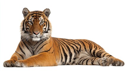 Majestic bengal tiger lying down, staring intently forward