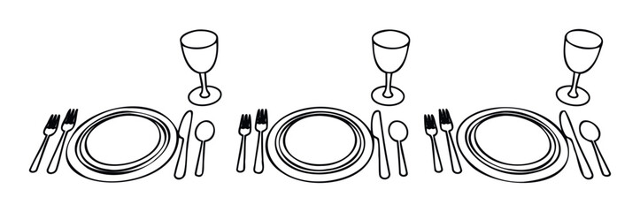 Table setting arrangement with plates, cutlery, and glasses for formal dining and event planning concepts.