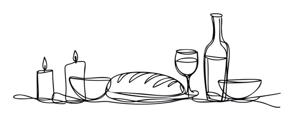 Continuous line drawing of a feast with candles, bread, wine, and bowls symbolizing a shared meal or celebration, perfect for religious or festive occasions and graphic projects.
