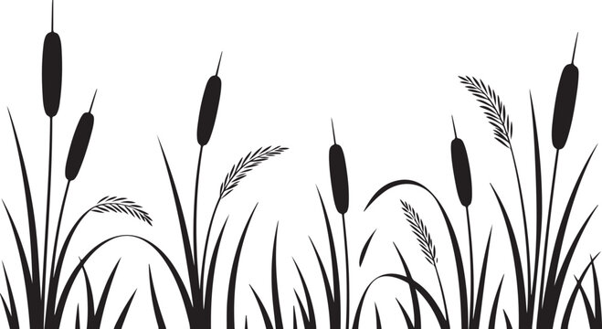 Silhouette of reed mace and grass plants creates a stark, simple meadow illustration with transparency