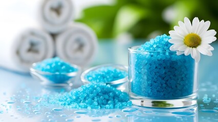 Spa and relaxation concept with blue bath salts and a white daisy flower on a wet surface