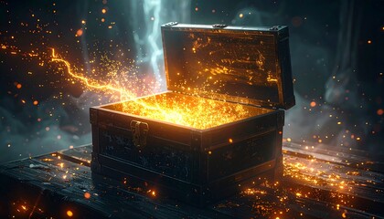 Illuminated chest on wooden planks, radiating vibrant golden light with smoky ambiance and energetic sparks