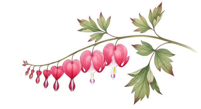 Pink bleeding heart flowers and green leaves on black background dicentra spectabilis