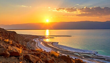 Golden sunlight glints off a tranquil sea beside rocky cliffs beneath a sunset sky