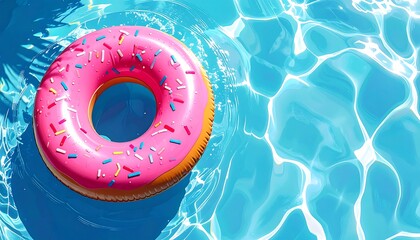 Inflatable pink donut ring floats on rippling, light blue water under sunny, dappled shadows