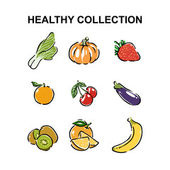 Healthy food vector illustration kiwi, melon, orange, banana, lychee, mustard green, eggplant, pumpkin, strawberry in a hand drawn style.