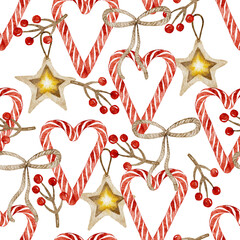 Candy canes, berries, and stars in a Christmas pattern, holiday background.