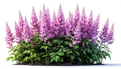 Naklejka premium Pink astilbe flowers with lush green foliage on a neutral ground, showing beauty and texture