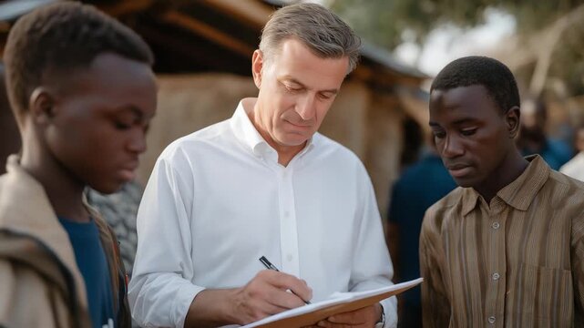 An ambassador touring a humanitarian project site with local leaders, taking notes, asking questions, and discussing developmental priorities while observing community needs firsthand &mdash; foreign aid