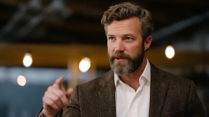 Auctioneer mid-speech, bathed in warm spotlight, dynamic gesture frozen in dramatic motion — concept of charismatic leadership, energy of live commerce, and artistic storytelling in high-value