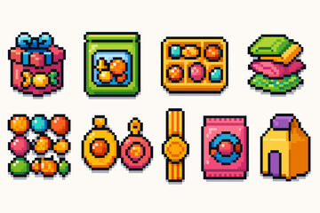 Fototapeta premium Candy, snack pixel icon set. Sweet, treats, snack icons, retro style collection