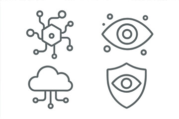 Digital security, data privacy, cloud networking, and surveillance technology icons