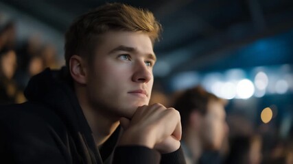 Close-up of fans leaning forward, holding their breath as the game reaches a critical moment — cinematic tension and deep emotional investment captured in an intimate nighttime scene of passion and