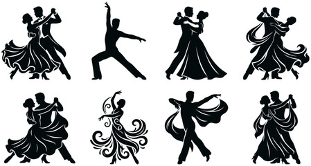 Ballroom dance couples and solo dancers silhouette vector collection, elegant black illustrations set for wedding invitation and performance design. (19 words)