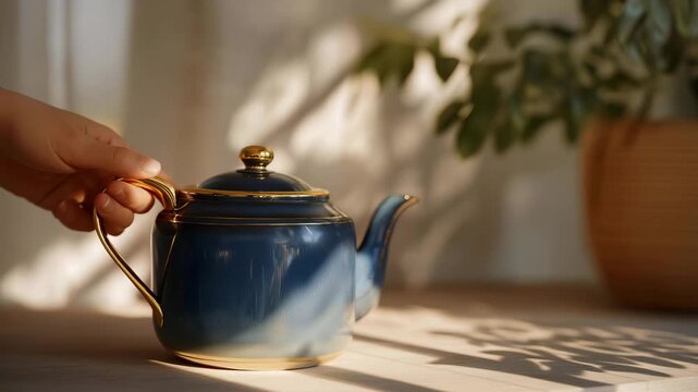 Close-up of hand tilting teapot with sunlight reflecting on ceramic surface &mdash; representing relaxation, daily self-care routine, and lifestyle content for wellness and cozy home inspiration.
