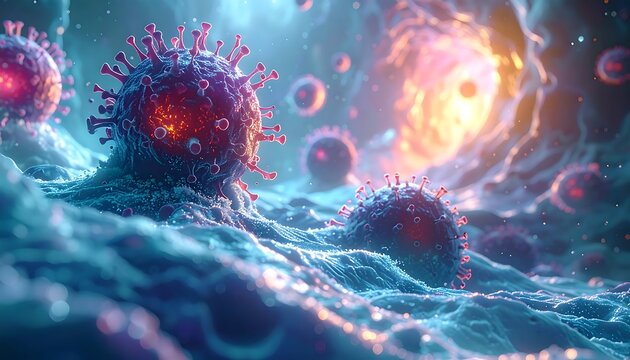 Microscopic view of virus particles on a textured surface with bright light emanating from an opening - Powered by Adobe