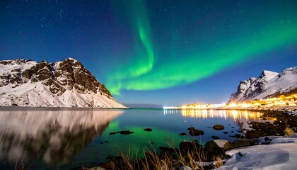 Green aurora borealis over a still lake, reflecting mountains and small coastal town