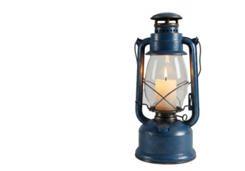 detailed close-up of a vintage cobalt blue storm lantern, chipped paint, rusted brass fixtures, lit white candle inside, dramatic chiaroscuro lighting on a transparent background. concept of nostalgic