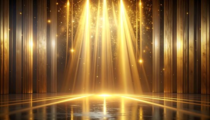 Golden spotlights illuminate a stage with reflective floor and striped backdrop