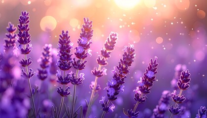 Lavender blossoms bathed in golden sunlight with soft bokeh background and floating dust particles