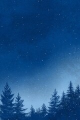 Winter night forest with starry sky background, watercolor illustration depicting a peaceful natural landscape