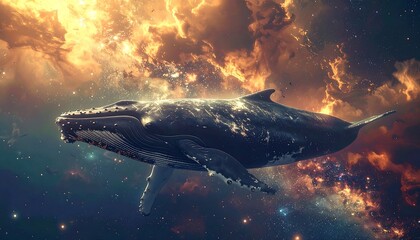 Majestic whale floats amid a vibrant cosmos of nebulous clouds and stars, bathed in warm, ethereal light