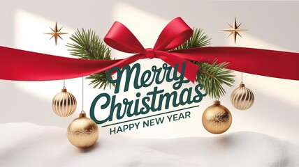 Elegant Christmas greeting design with red ribbon, gold ornaments and snowy background, perfect for luxury holiday cards, invitations and festive print layouts.