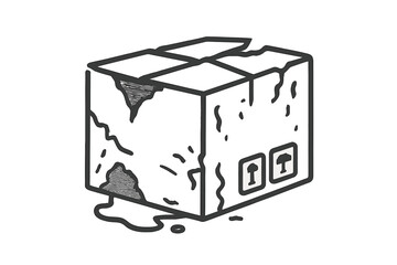 Severely damaged and wet cardboard shipping box with fragile handling symbols
