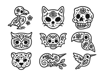 Obraz premium Decorative animal heads and sugar skulls with floral patterns in traditional Mexican folk art style