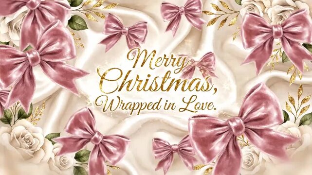 soft watercolor blush velvet bows floating across a cream silk background framed by ivory roses and gold accents