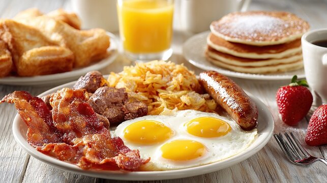 Hearty traditional american breakfast with eggs, bacon, sausage