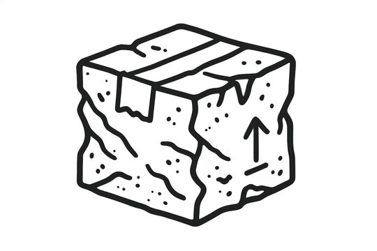 Outline drawing of a heavily damaged cardboard shipping box with an upward arrow symbol on the side