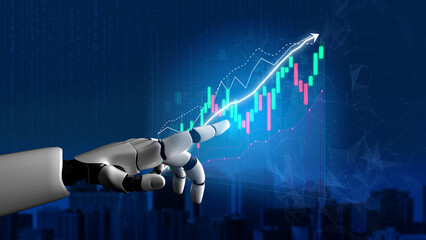 A robotic hand reaches towards a vibrant financial graph displaying upward trends in investment. This image represents the merging of technology and finance. Impute