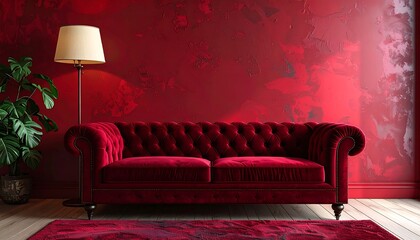 Plush velvet couch against textured red wall, beside tall floor lamp and potted plant on a light wood floor
