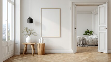 Bright minimalist room interior with blank frame and open