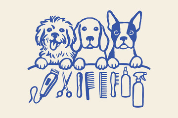 Dog grooming salon tools cartoon sketch vector illustration
