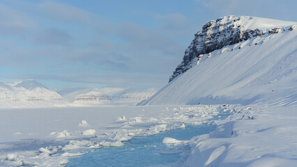 Svalbard. Frozen sea under snowy mountains 