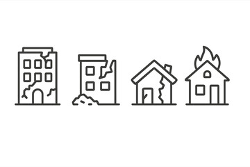Icons showing buildings and houses damaged by natural disasters, fire, and structural collapse