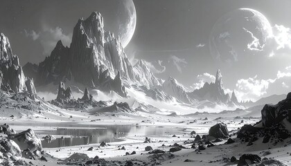 Monochrome alien landscape with snow-capped peaks, cratered terrain, and two celestial bodies in the sky
