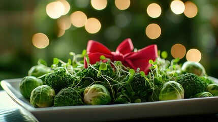 Fresh green salad on plate with red bow, festive Christmas background, Veganuary holiday theme with vibrant seasonal greens and cheerful plant based diet