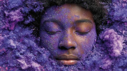 Person’s head immersed in purple pigments, eyes closed. Epilepsy awareness,  support, inclusion during Purple Day initiatives