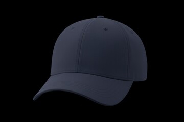 Fototapeta premium Dark blue baseball cap is featured against black background. It displays smooth curves and subtle texture of cloth, highlighting form of visor and crown