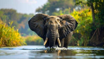 Fototapeta premium Elephant wading in a river, foliage blurred background. Water splashes around its legs in the clear, bright light