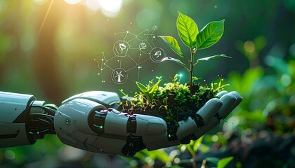 Robotic hand gently supports a sapling in soil, overlaid with interconnected nature icons in a forest setting